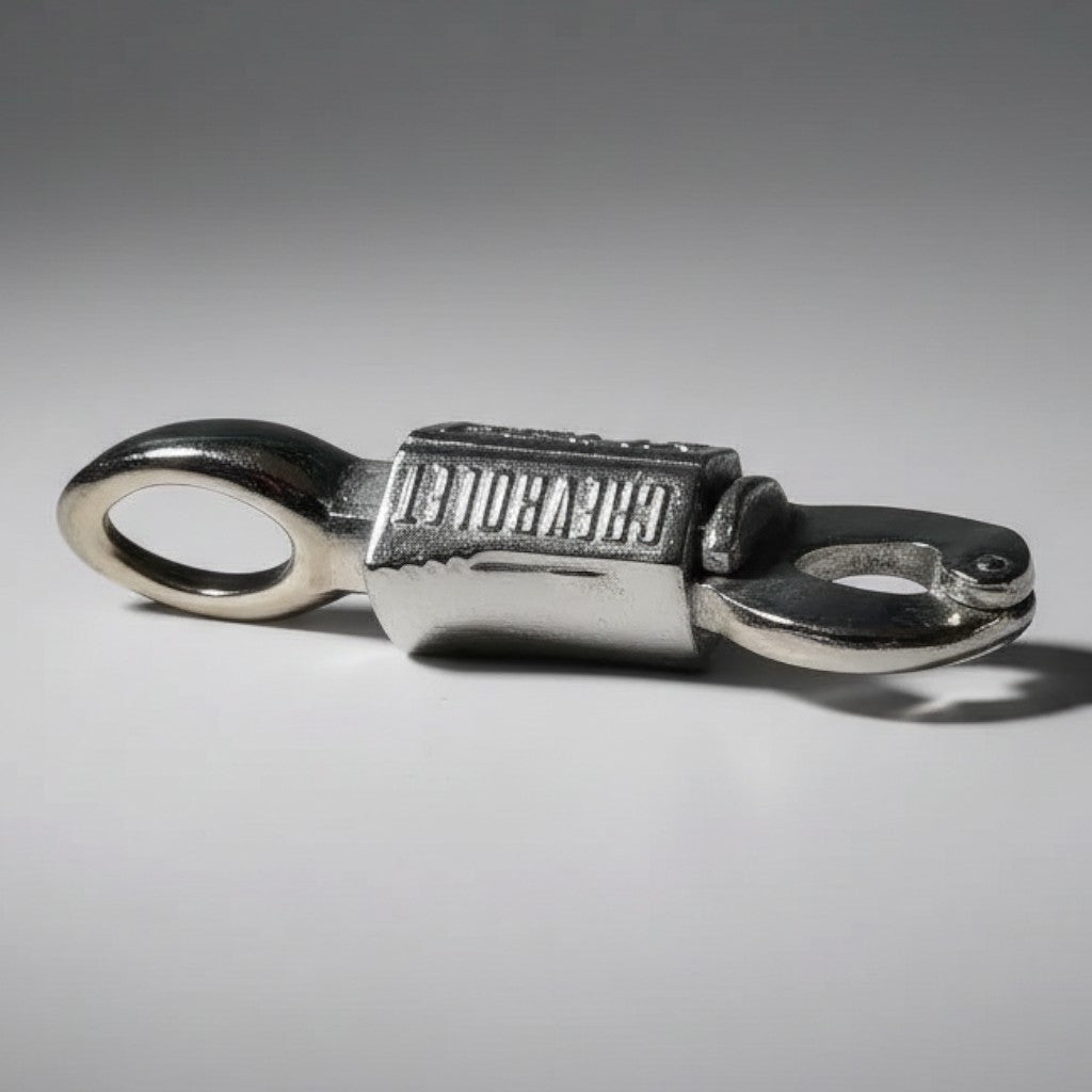 Jones Peak Felix Chevrolet chrome-plated copper mechanical key holder with an antique patina finish.