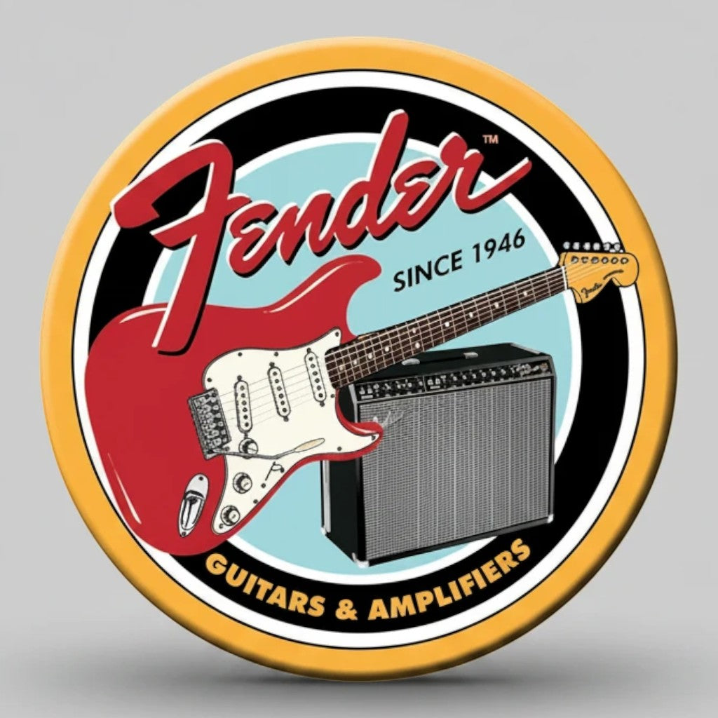 Jones Peak Fender Guitars & Amplifiers round magnet with red guitar and amplifier graphic. Metal wrapped with printed media.