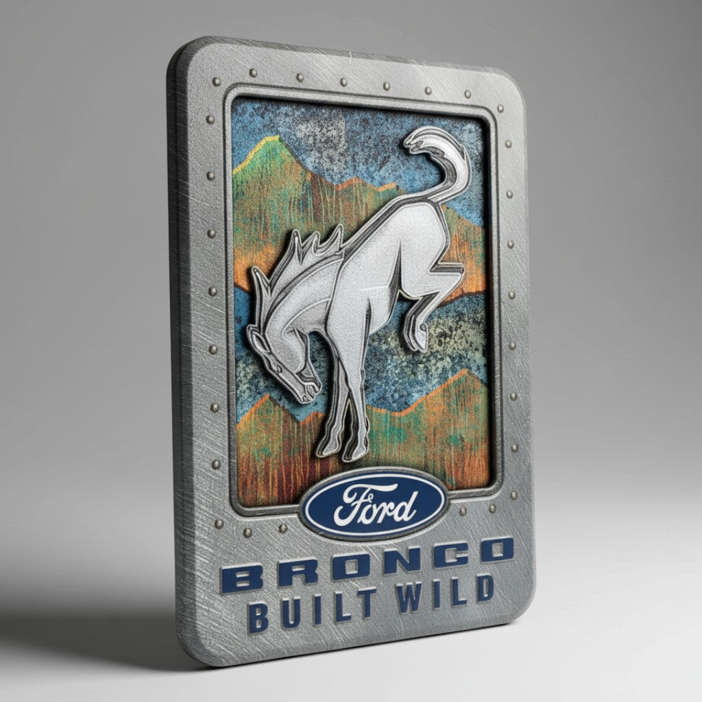 Jones Peak Ford Bronco Built Wild metal magnet with vintage mountain graphic and embossed logo design.