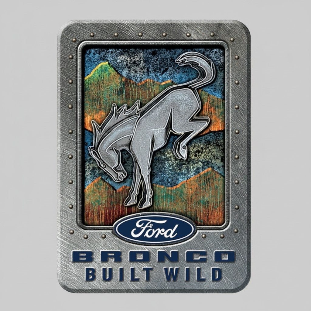 Jones Peak Ford Bronco Built Wild metal magnet featuring a vintage-style bucking horse logo and mountain landscape.
