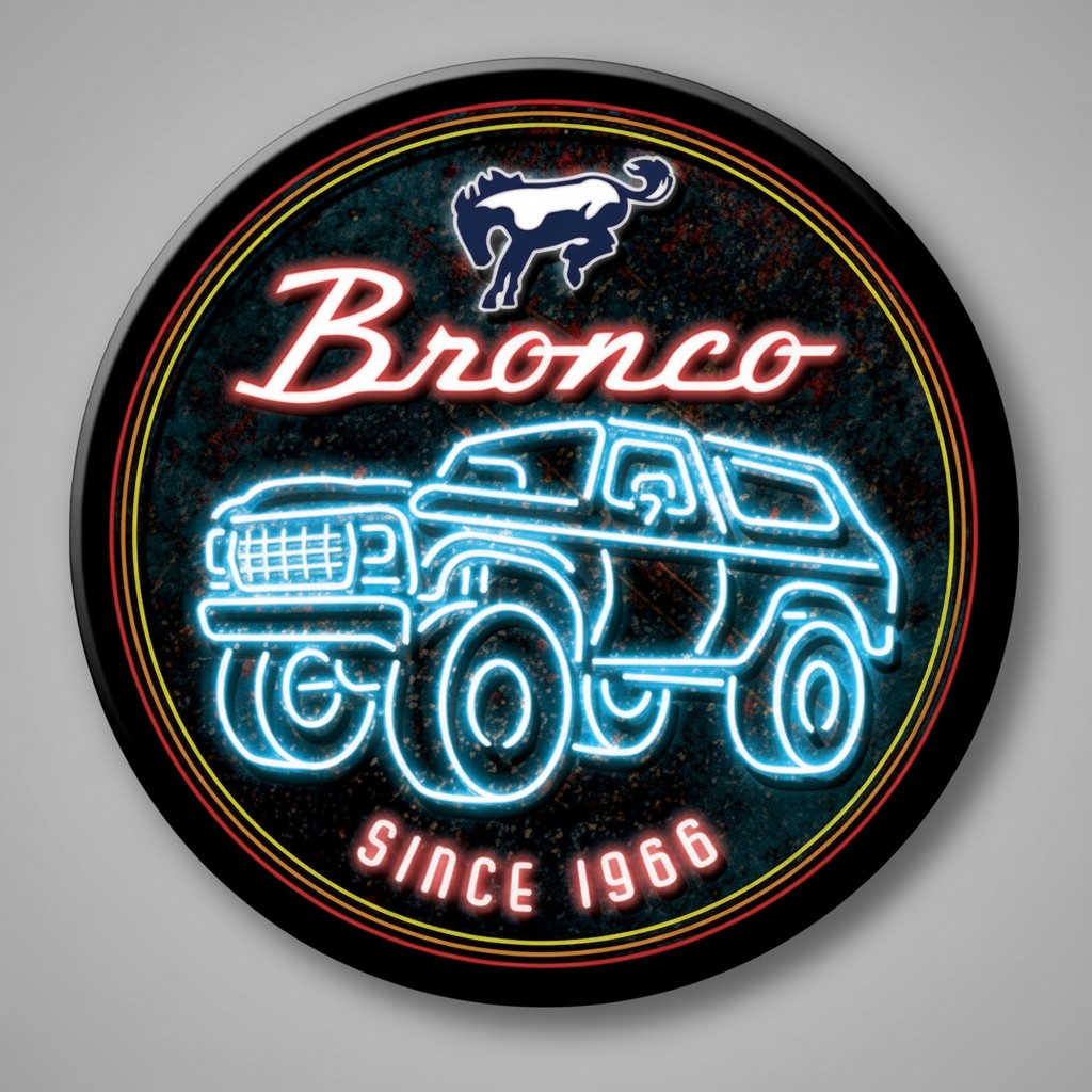 Jones Peak round metal magnet featuring a vintage Ford Bronco neon sign design with blue and red retro graphics.