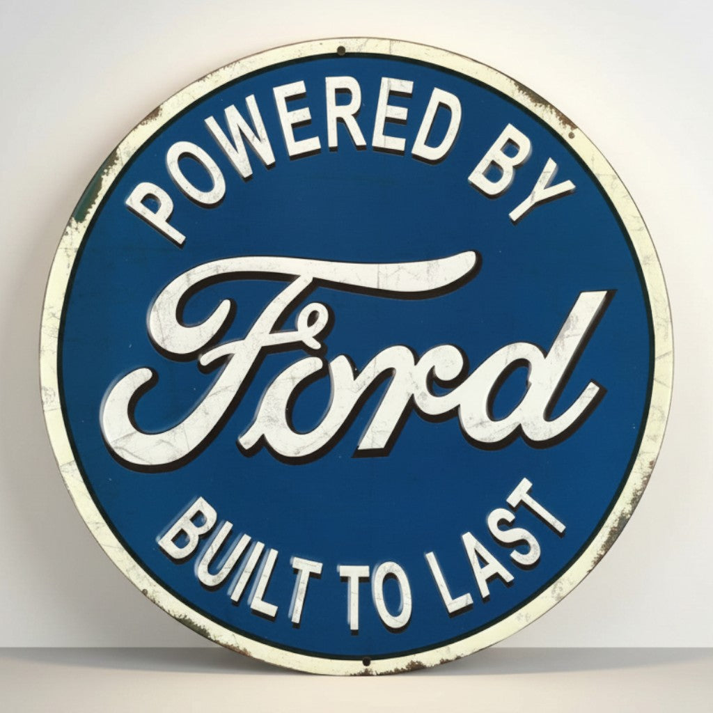 Jones Peak Ford Built To Last round embossed metal sign with blue background and white lettering.