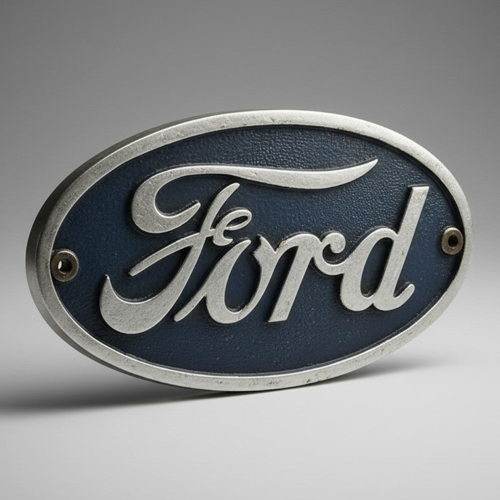 Jones Peak Ford 1903 cast iron plaque with raised silver lettering on a dark blue background and antique patina finish.