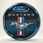 Jones Peak Ford Mustang metal magnet with running horse logo and blue distressed background. 3" round.