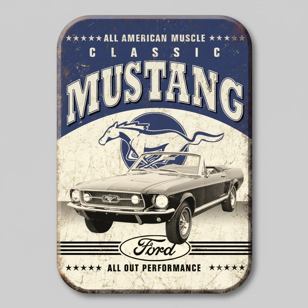 Ford Classic Mustang metal magnet with American muscle car artwork and distressed finish
