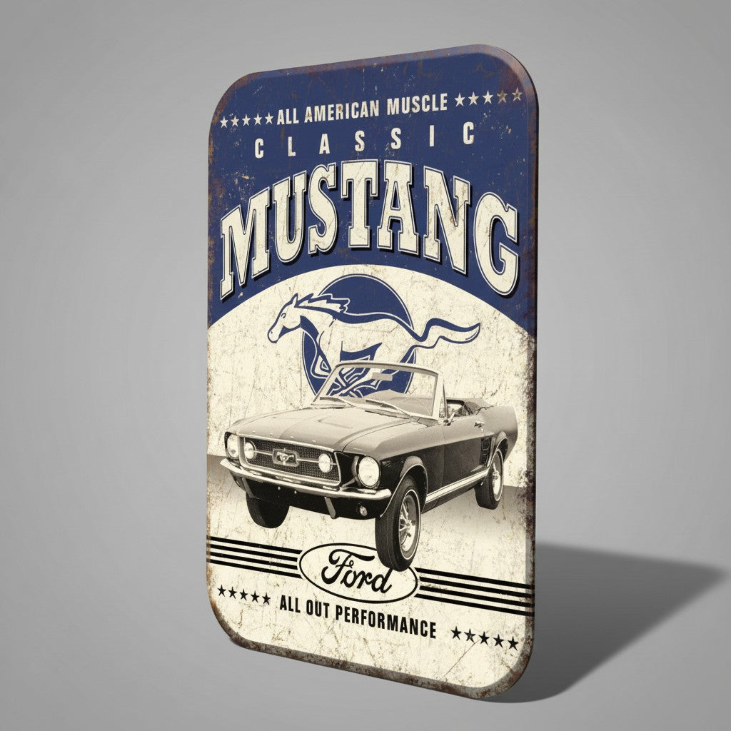 Jones Peak Ford Classic Mustang metal magnet featuring vintage American muscle car graphics and distressed finish.