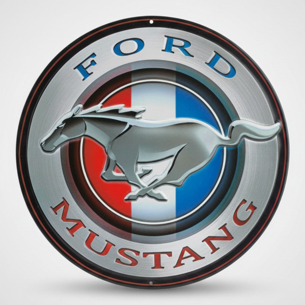 Jones Peak round embossed Ford Mustang metal sign with brushed silver finish and red, white, and blue accents.