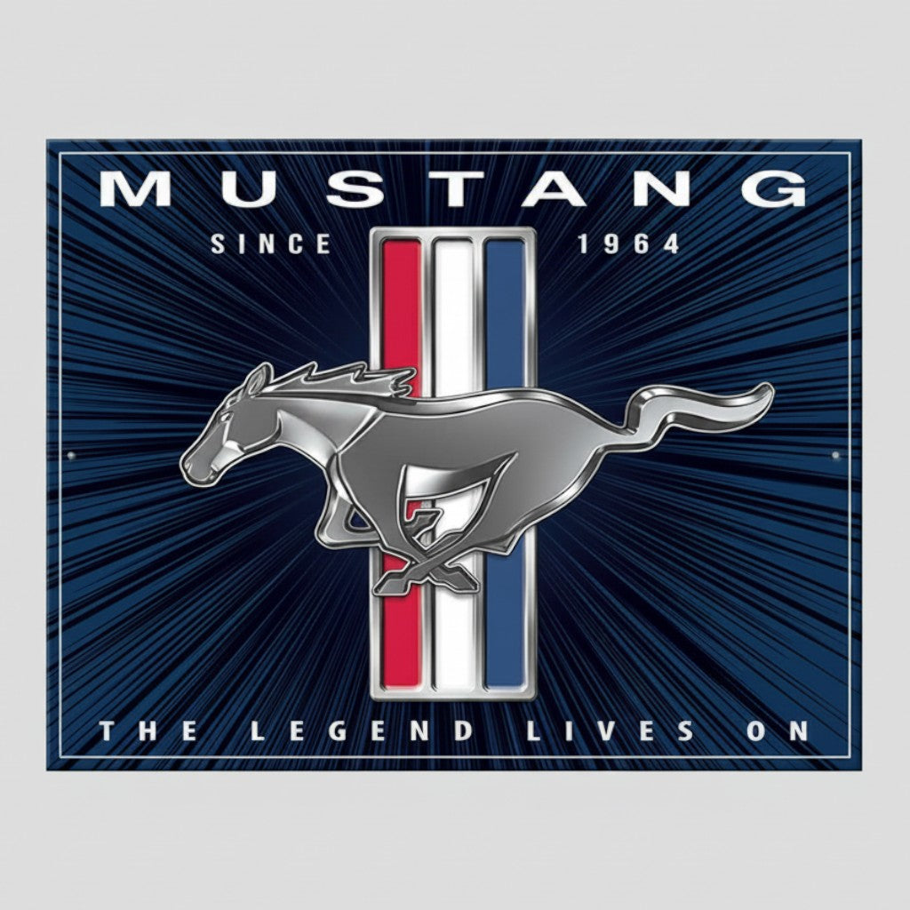 Jones Peak Ford Mustang metal sign with running horse emblem, tri-bar badge, and blue speed-line background.
