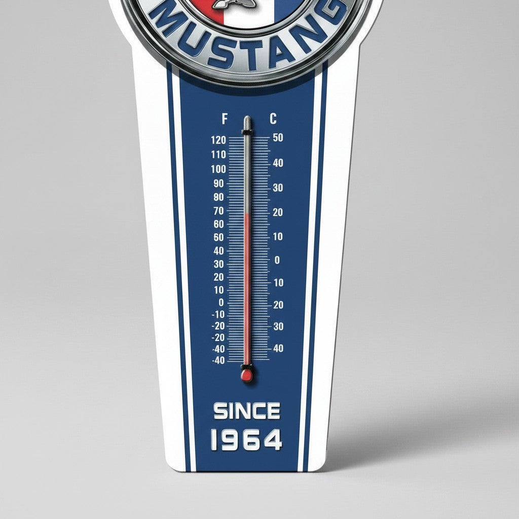 Jones Peak Ford Mustang Since 1964 embossed metal thermometer with vintage automotive graphic design