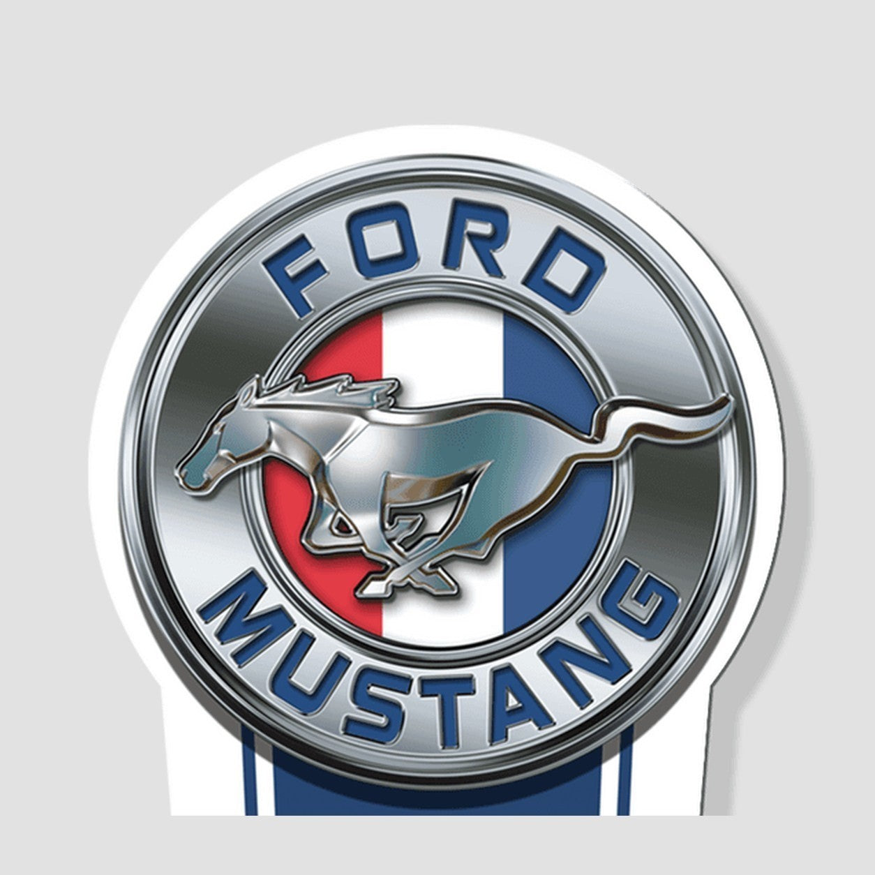 Jones Peak Ford Mustang Since 1964 embossed metal thermometer with vintage logo and red white and blue stripes