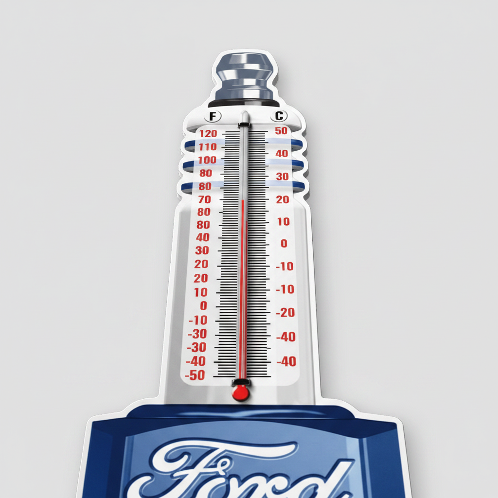 Jones Peak Ford Tough spark plug shaped embossed metal thermometer with vintage patina finish for wall decor