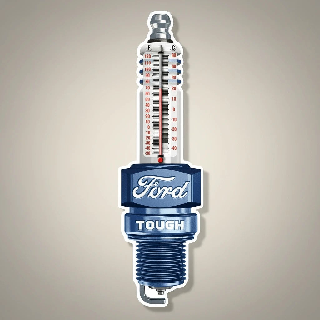 Ford Tough Spark Plug Embossed Metal Thermometer - Jones Peak