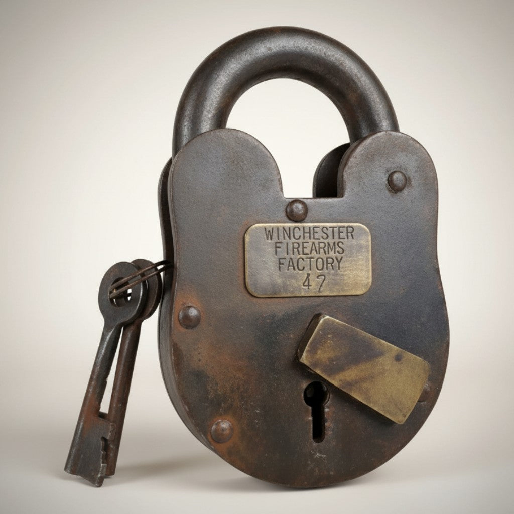 Jones Peak Frontier Arms 1866 cast iron lock with brass tag and keys, distressed finish, 3x5 inches.