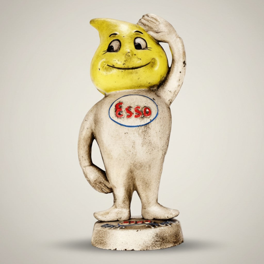 Jones Peak 1926 Esso gas station mascot cast iron coin bank figurine, hand-painted antique patina finish.