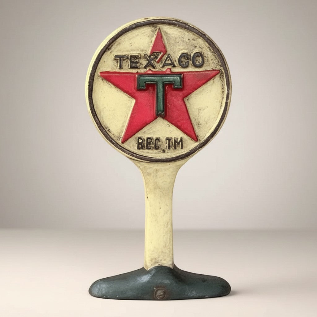 Jones Peak Gas Station 1902 Cast Iron Door Stop with Texaco logo, hand-painted antique patina.