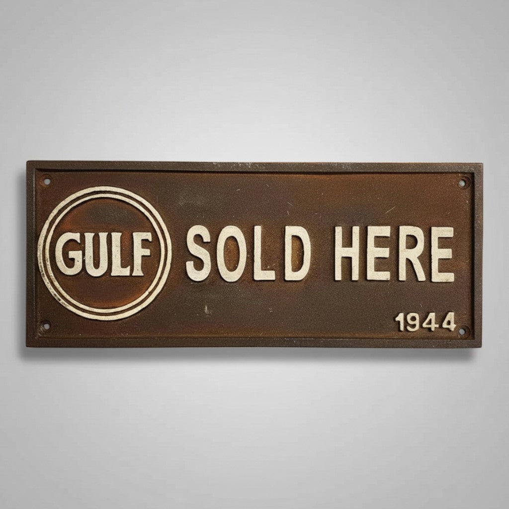 Jones Peak Gulf Sold Here 1944 cast iron plaque with a vintage hand-painted antique patina finish.