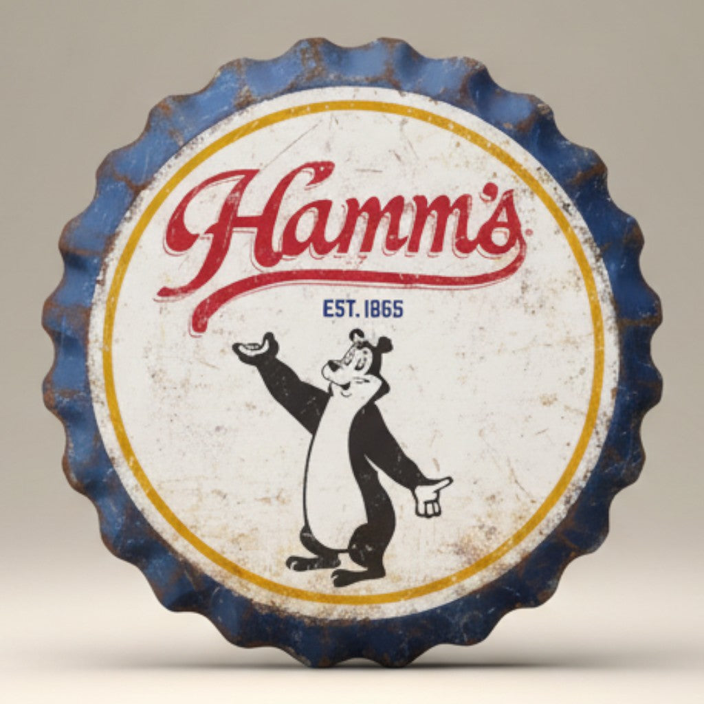 Hamm's Bear weathered bottle cap metal sign with distressed blue and white finish