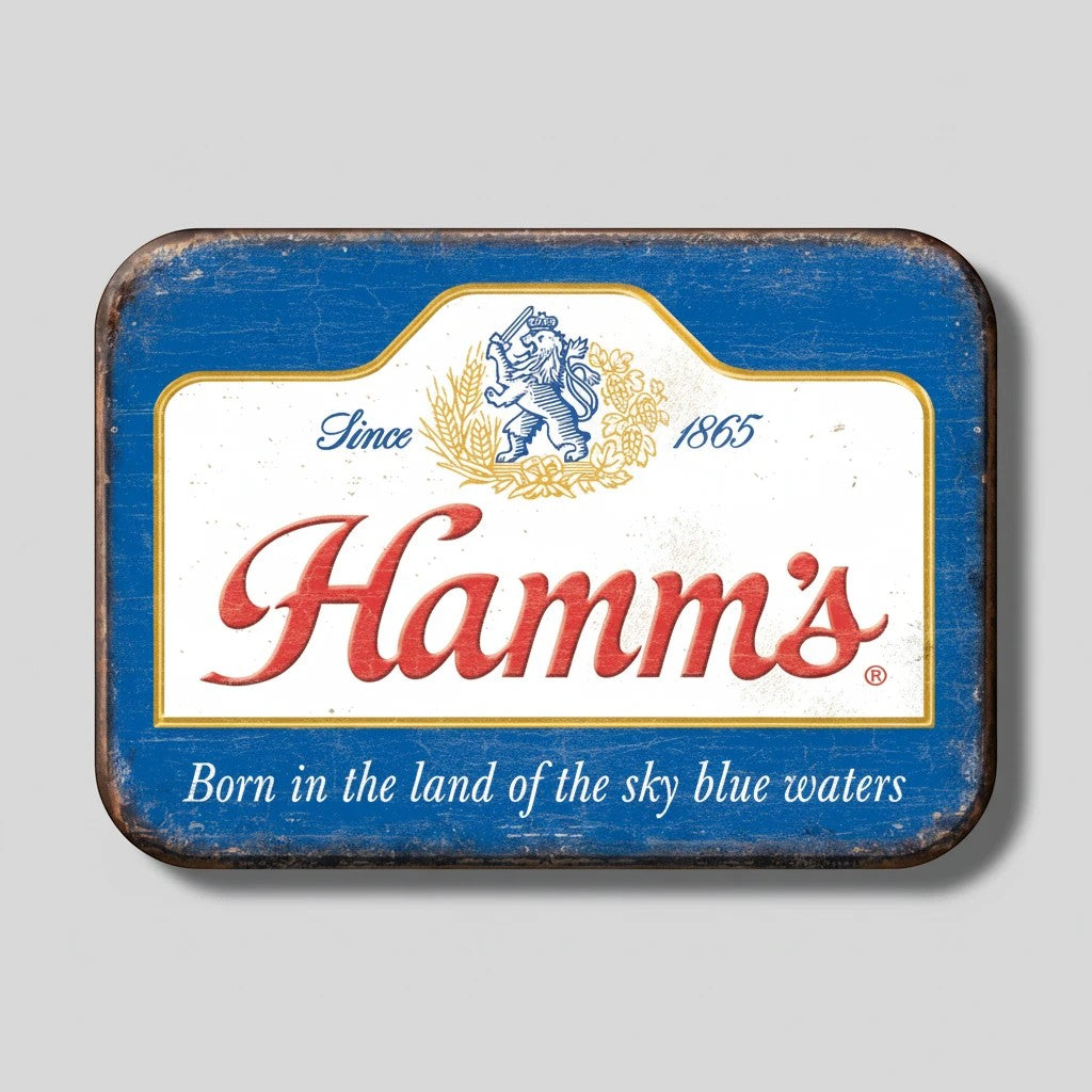 Jones Peak Hamm's vintage-style metal magnet featuring the iconic blue and white beer logo and nostalgic typography.
