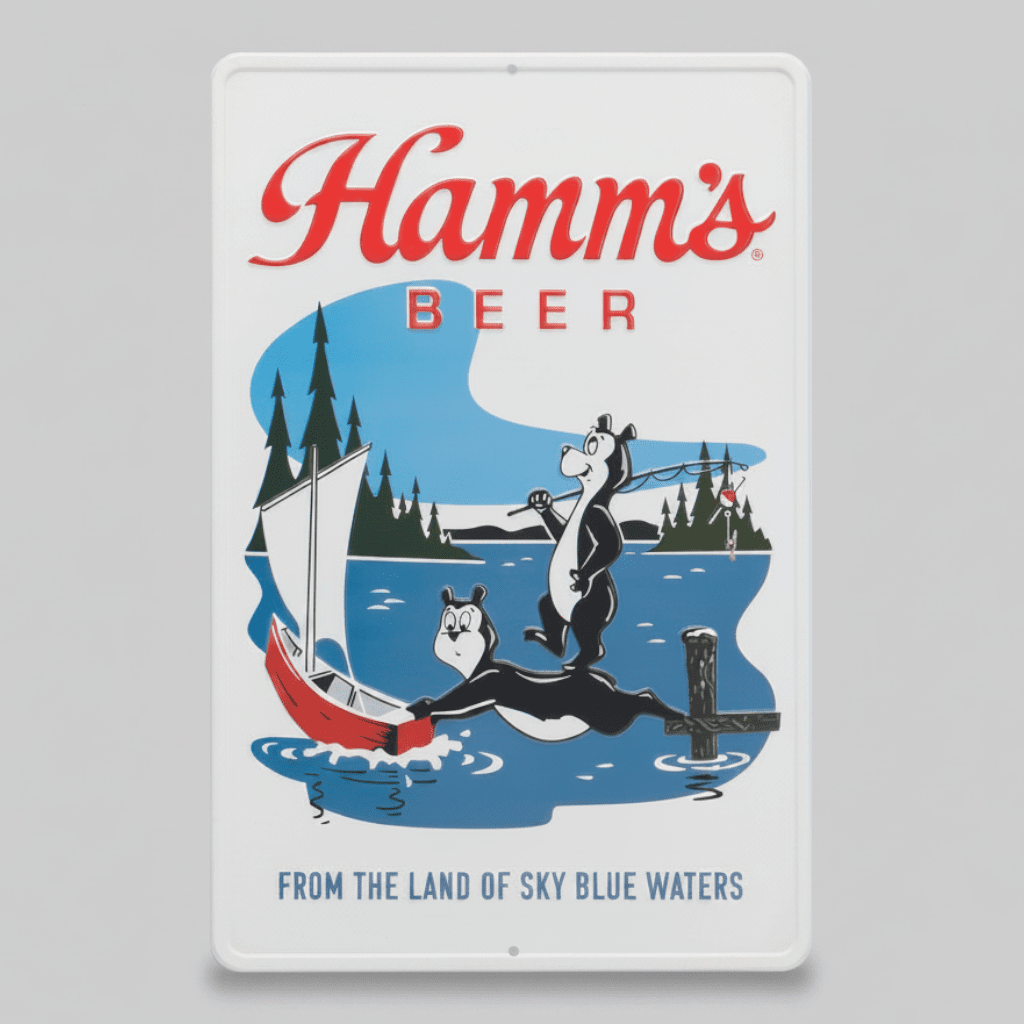 Jones Peak embossed metal sign featuring Hamm’s Beer logo, fishing bears, and a sailboat on a lake.