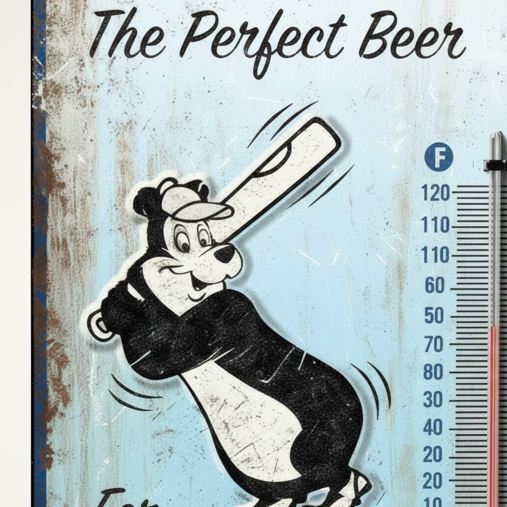 Jones Peak vintage-style embossed metal thermometer featuring the Hamm's beer bear mascot swinging a baseball bat.