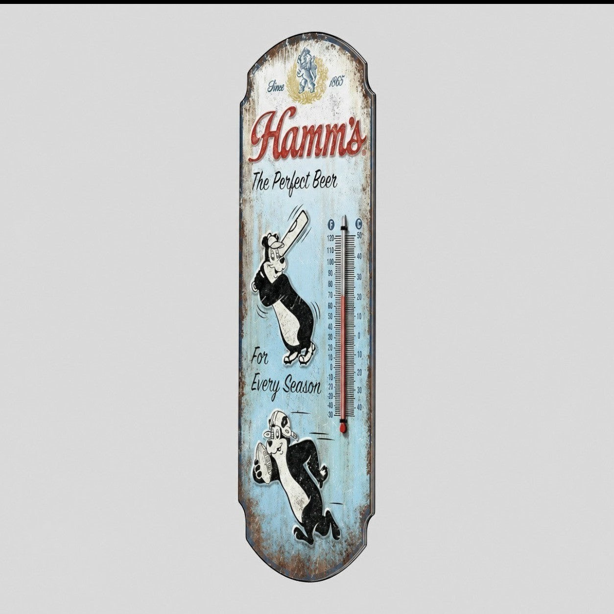 Jones Peak vintage-style Hamm's embossed metal thermometer with a light blue finish and classic bear illustrations.