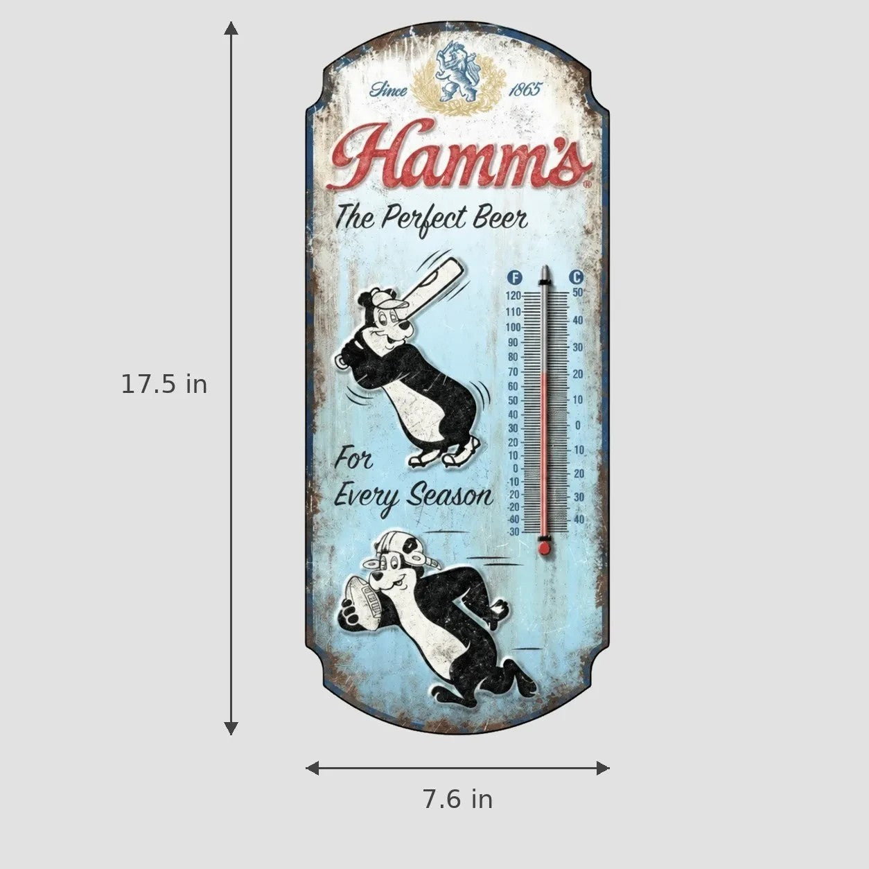Jones Peak Hamm's vintage embossed metal thermometer featuring the iconic bear mascot for home bar or garage decor.