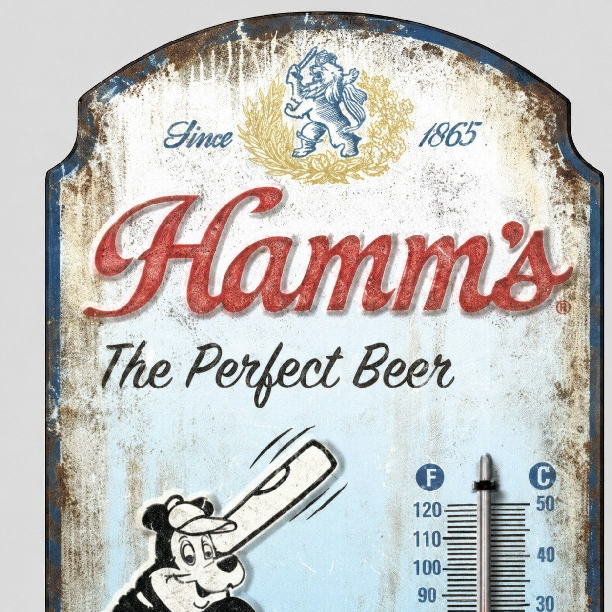 Jones Peak Hamm's vintage embossed metal thermometer with distressed patina finish and classic beer branding.