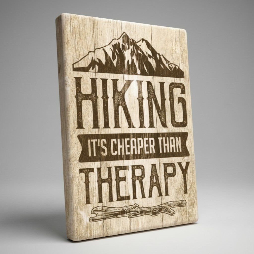 Jones Peak metal magnet with vintage wood grain finish, mountain graphic, and Hiking It's Cheaper Than Therapy text.