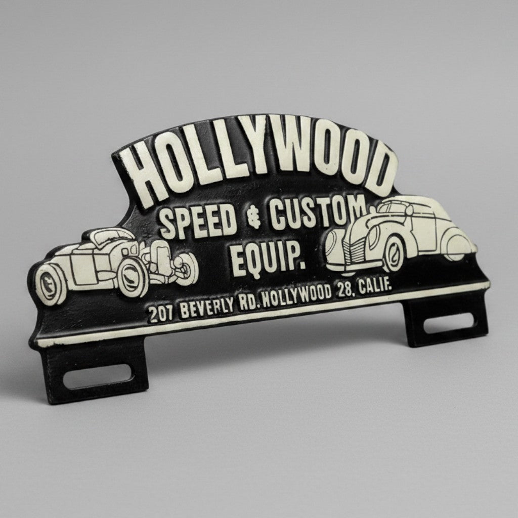 Jones Peak aluminum Hollywood Speed & Custom license plate topper with a vintage hand-painted antique patina finish.