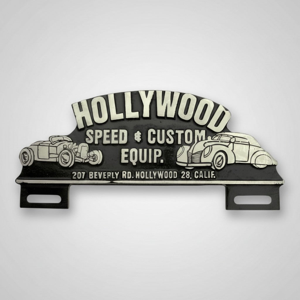 Jones Peak aluminum Hollywood Speed & Custom license plate topper with a vintage hand-painted antique patina finish.