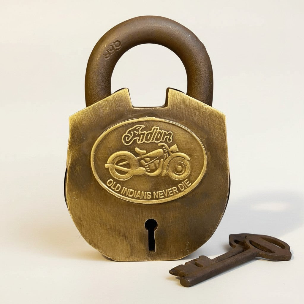 Jones Peak 1901 Indian Motorcycle solid brass lock with keys, antique finish, oval emblem with motorcycle and text.