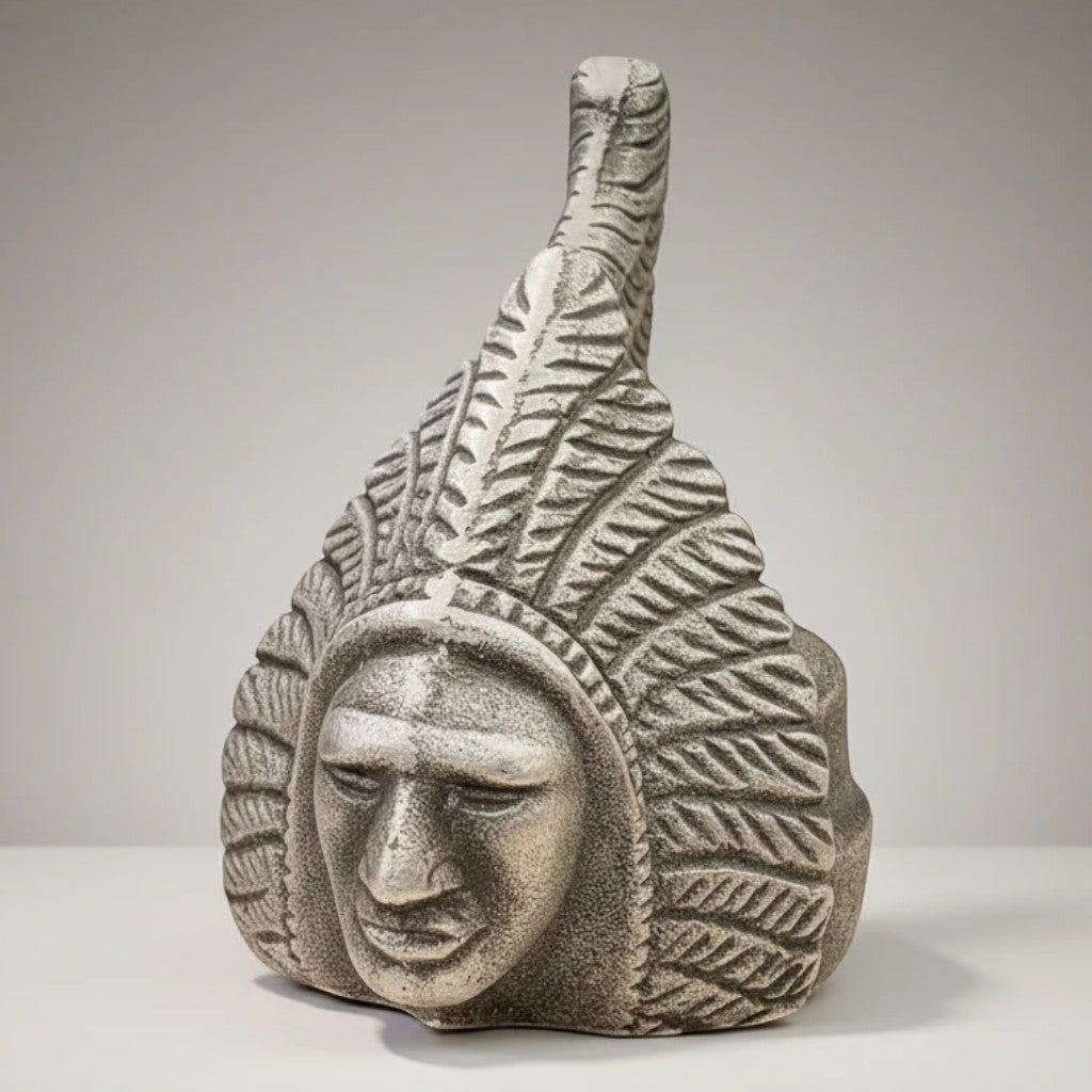Jones Peak Indian Motorcycle Chief 1901 aluminum paperweight with antique finish, detailed face and headdress.