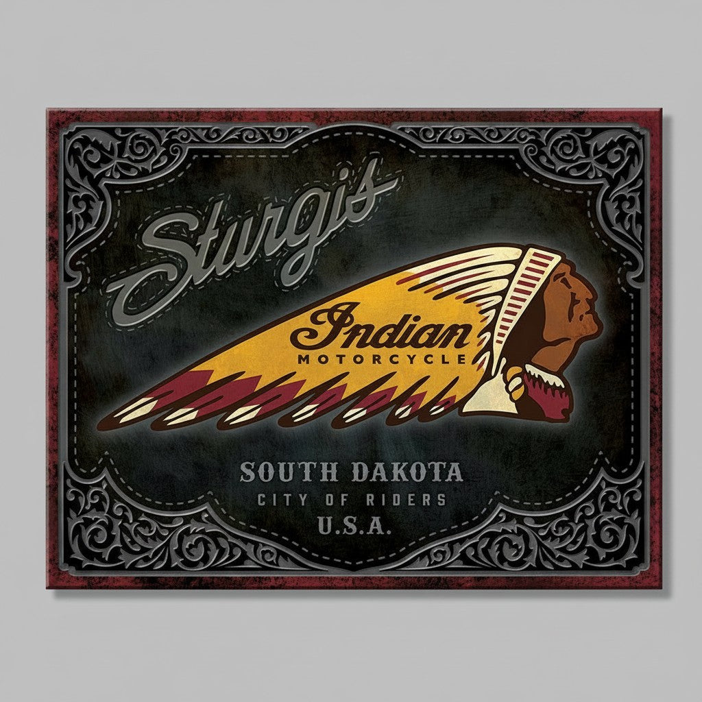 Jones Peak Indian Motorcycle Sturgis metal sign with vintage distressed finish and iconic head-dress logo artwork
