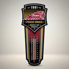 Jones Peak Indian Motorcycle Proud Owner embossed metal thermometer with vintage advertising character. Reads temperature in F and C.