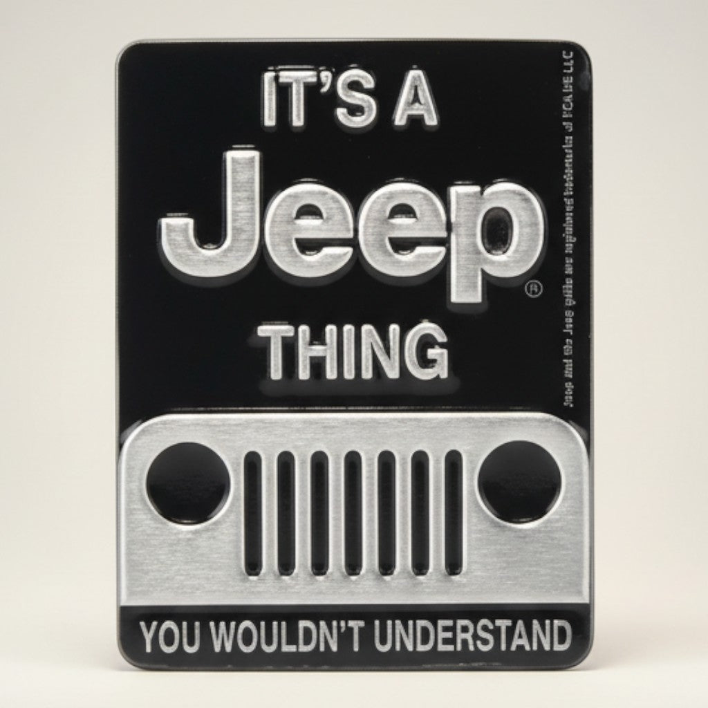 Jones Peak black and silver embossed metal magnet featuring the Jeep logo, grille, and "It's A Jeep Thing You Wouldn't Understand" text.
