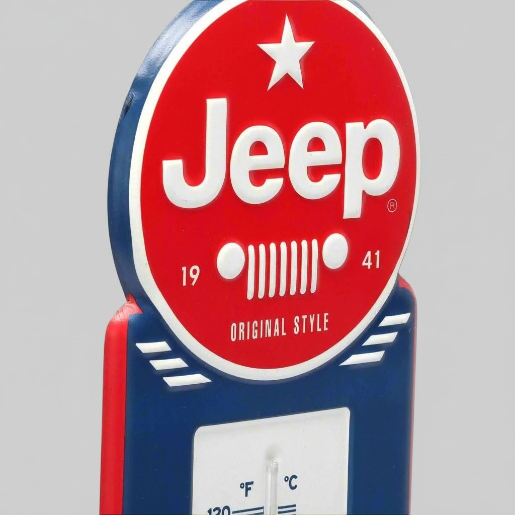 Jones Peak Jeep embossed metal wall thermometer with red, white, and blue vintage automotive advertising design