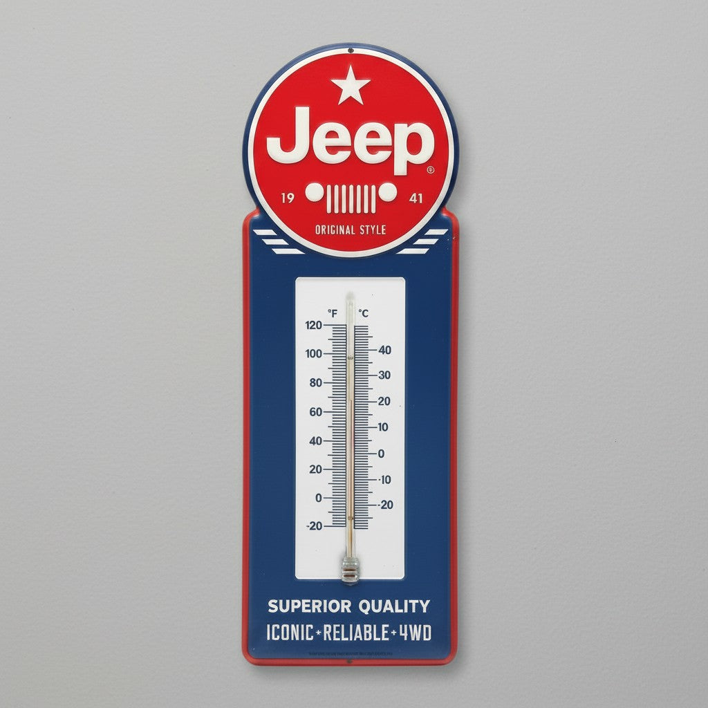 Jones Peak Jeep embossed metal wall thermometer with red, white, and blue vintage automotive advertising design.