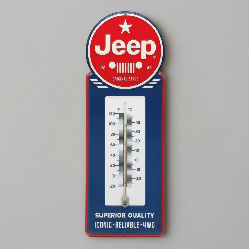 Jones Peak Jeep embossed metal wall thermometer with red, white, and blue vintage automotive advertising design.
