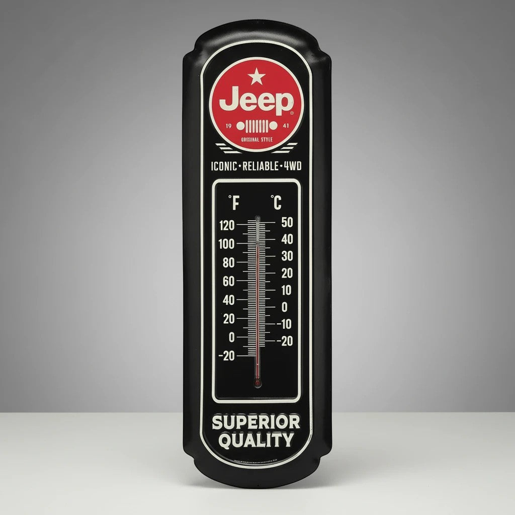 Jones Peak Jeep Glow-in-the-Dark Wall Thermometer, black embossed metal with vintage Jeep logo and temperature gauge.