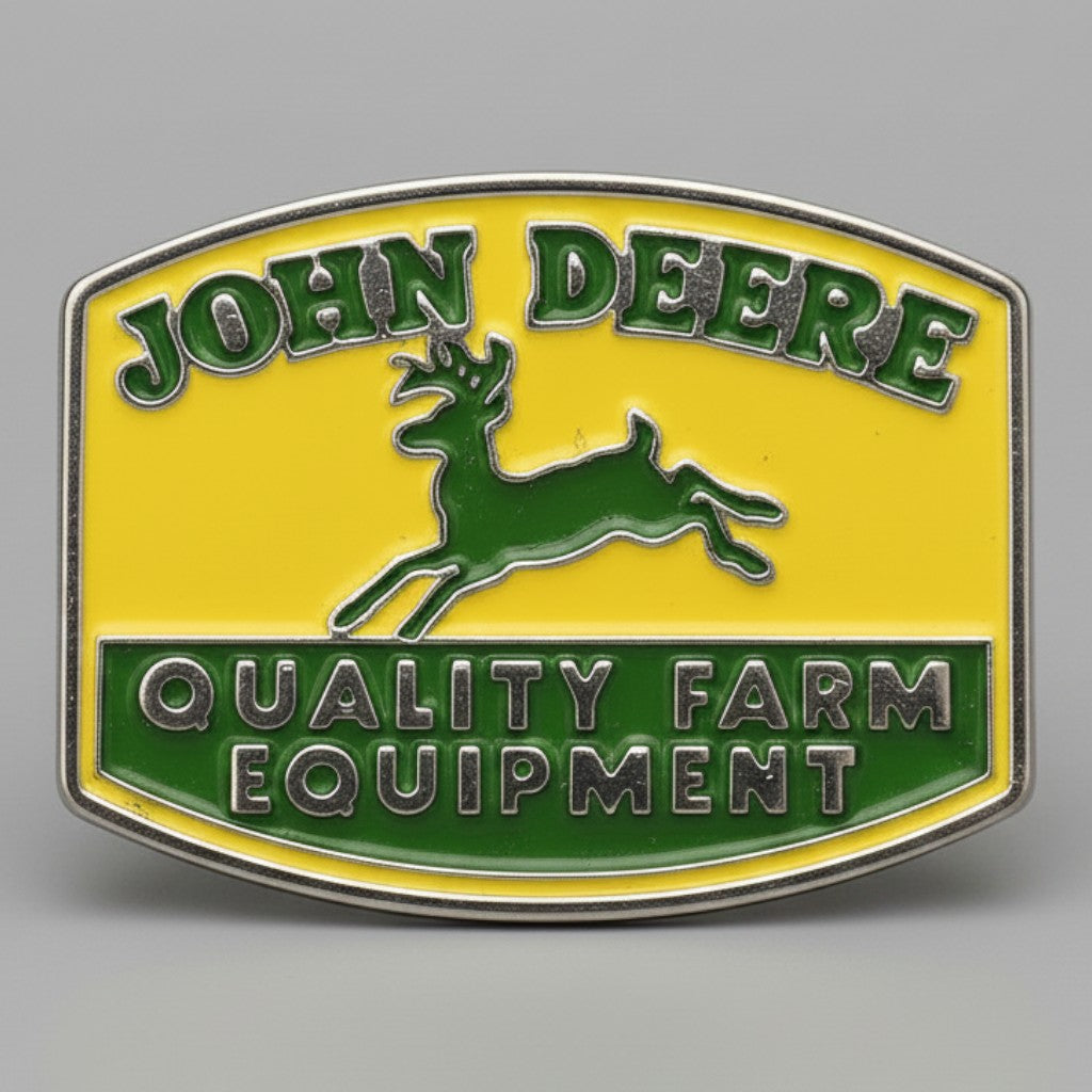 Jones Peak John Deere enameled metal pin featuring the iconic leaping deer logo and yellow and green vintage design.