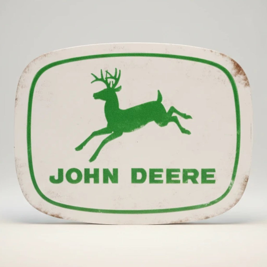 Jones Peak John Deere logo metal magnet with a leaping deer and green text on a white background with rustic edges.