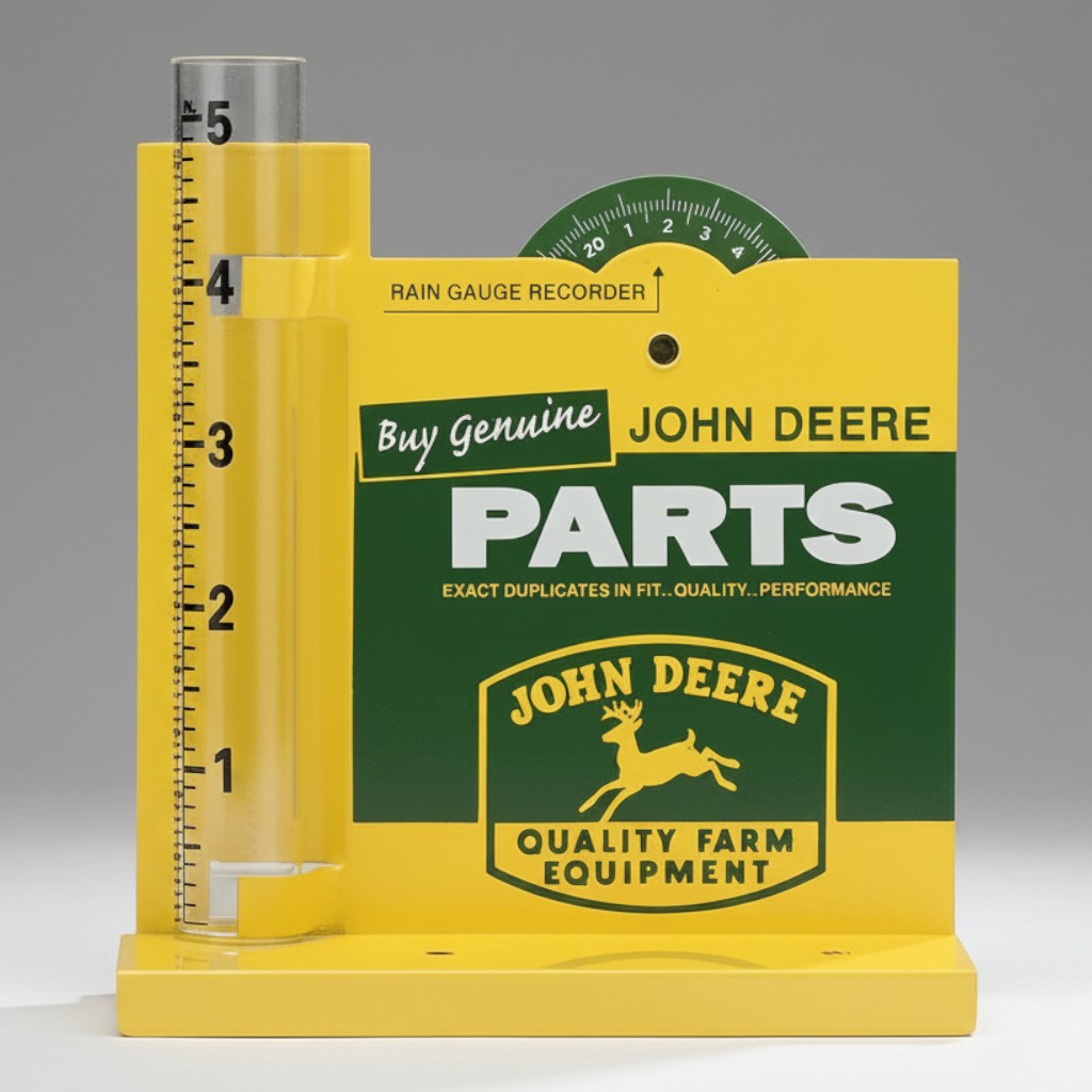 Jones Peak John Deere metal rain gauge with a yellow and green vintage advertising design and clear glass tube