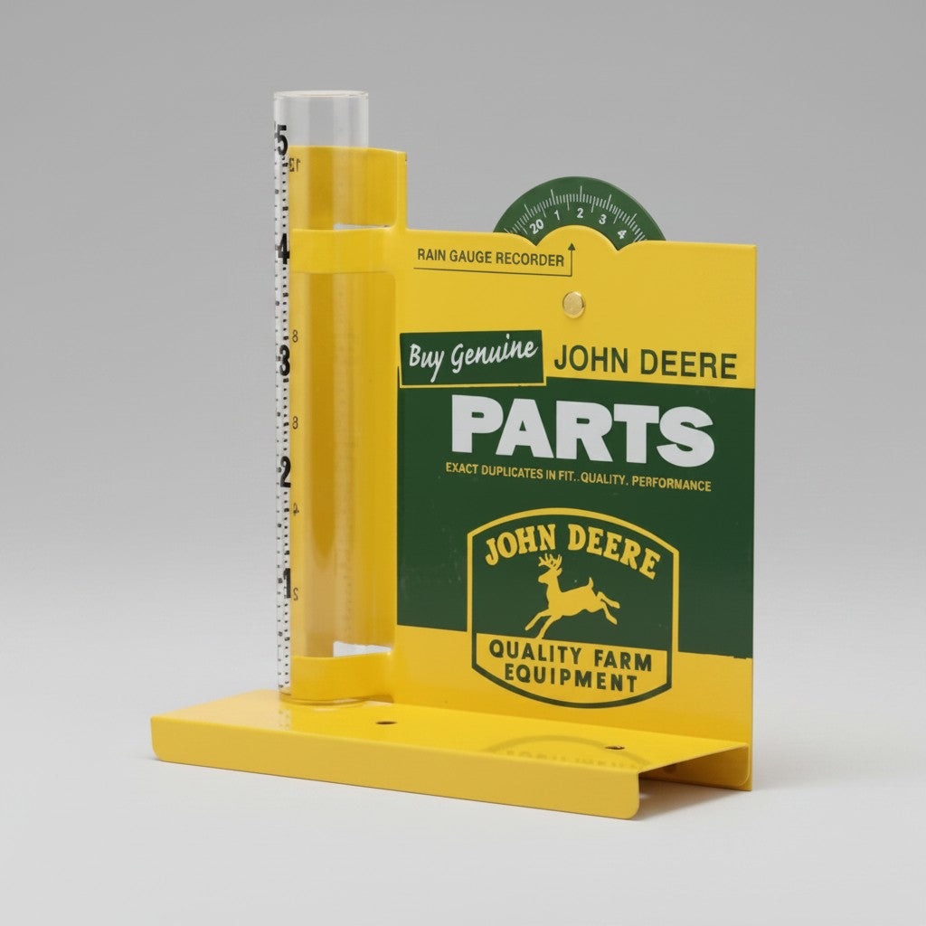 Jones Peak John Deere metal rain gauge with a yellow and green vintage advertising design for garden or patio decor.