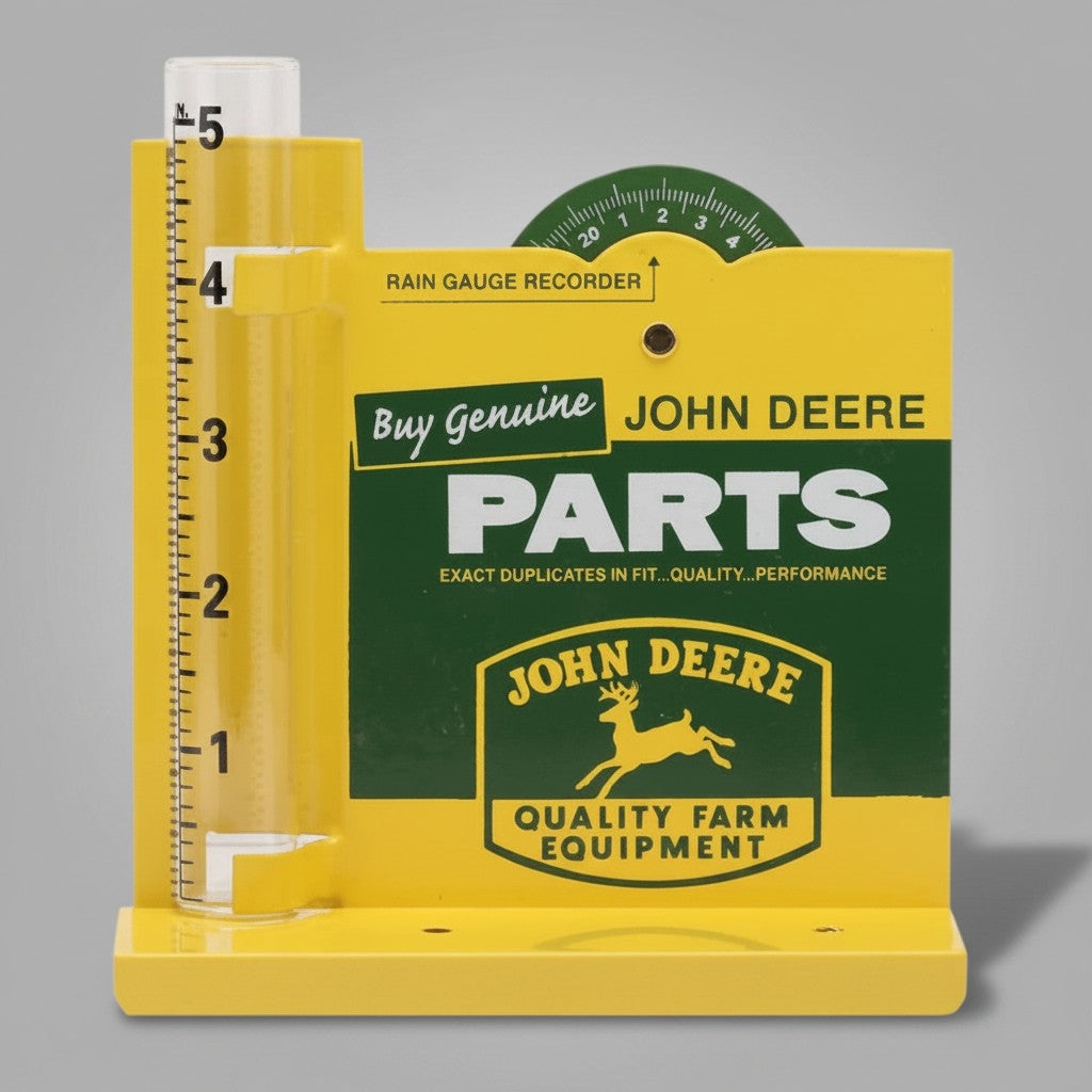 Jones Peak John Deere metal rain gauge with yellow and green vintage advertising design and clear measurement tube