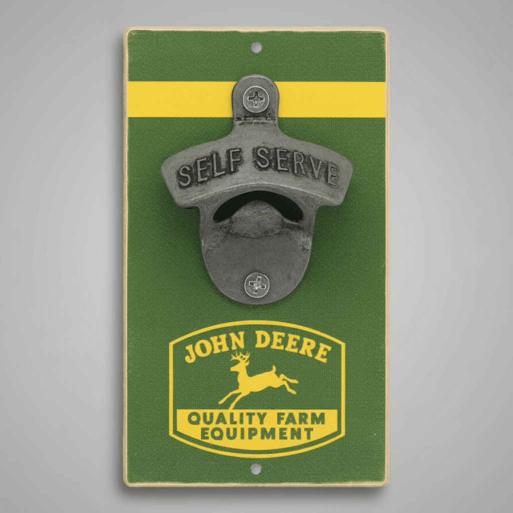Jones Peak wall-mounted John Deere bottle opener featuring a vintage green and yellow wood plaque with metal hardware.