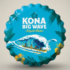 Kona Big Wave bottle cap metal sign with surfers, canoe, tropical leaves and hibiscus flowers