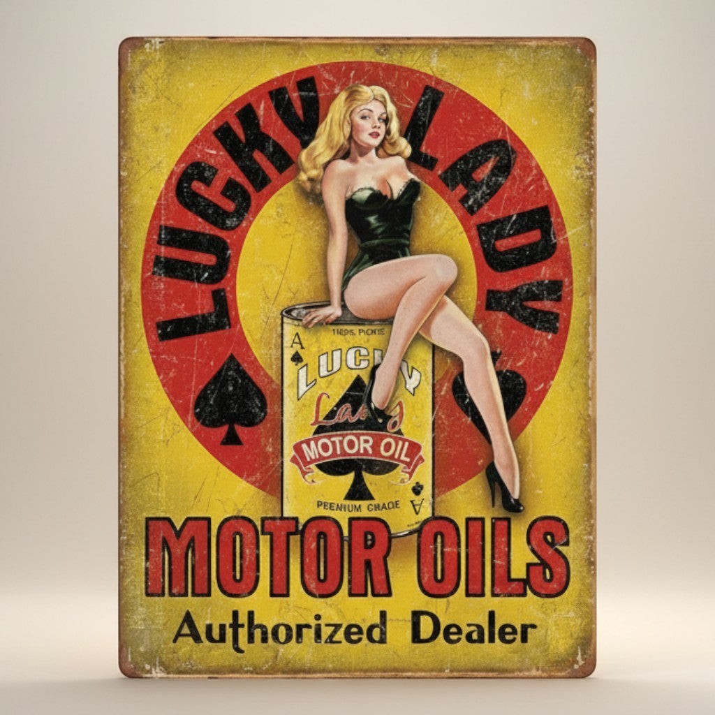 Jones Peak Lucky Lady Motor Oil Metal Sign featuring a pin-up girl sitting on a motor oil can. Red and yellow distressed metal.