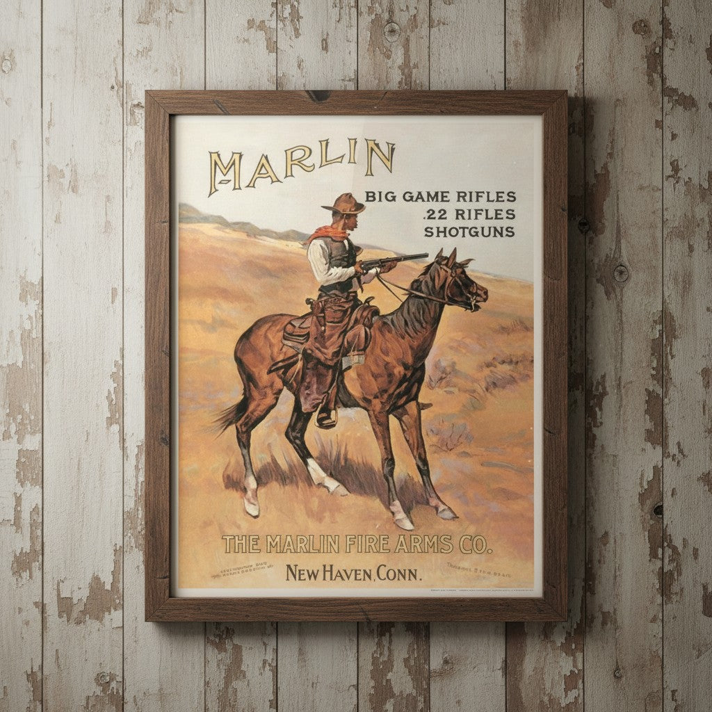Marlin Cowboy Big Game Rifles metal wall sign with horseback rider and desert artwork