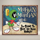 Marvin the Martian metal sign with cartoon character holding ray gun and broom