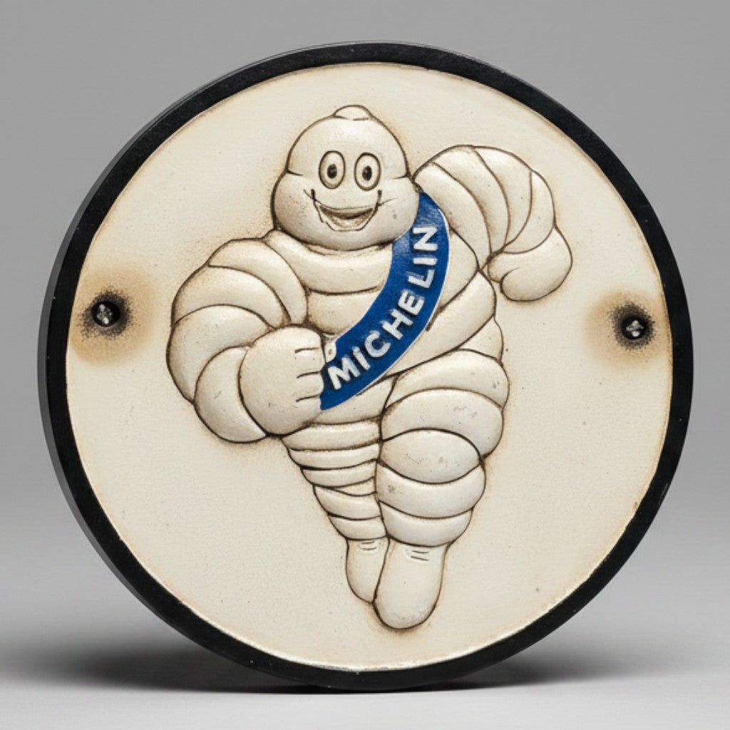 Jones Peak round cast iron Michelin Man plaque with an antique hand-painted finish for vintage garage decor.